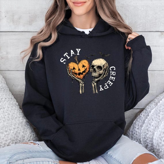 Stay Creepy Hoodie: Skeleton Pumpkin Skull Retro Halloween Pullover