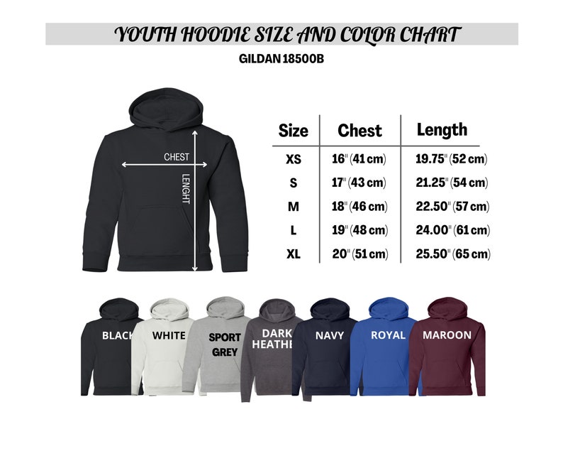 youth hoodie size and color chart