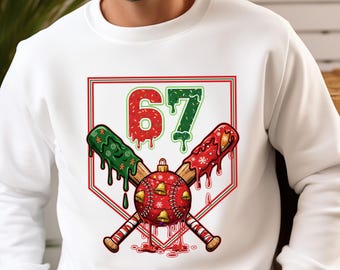 Funny 67 Sweatshirt: Christmas Baseball Crewneck, Viral Meme Six Seven Joke Gift
