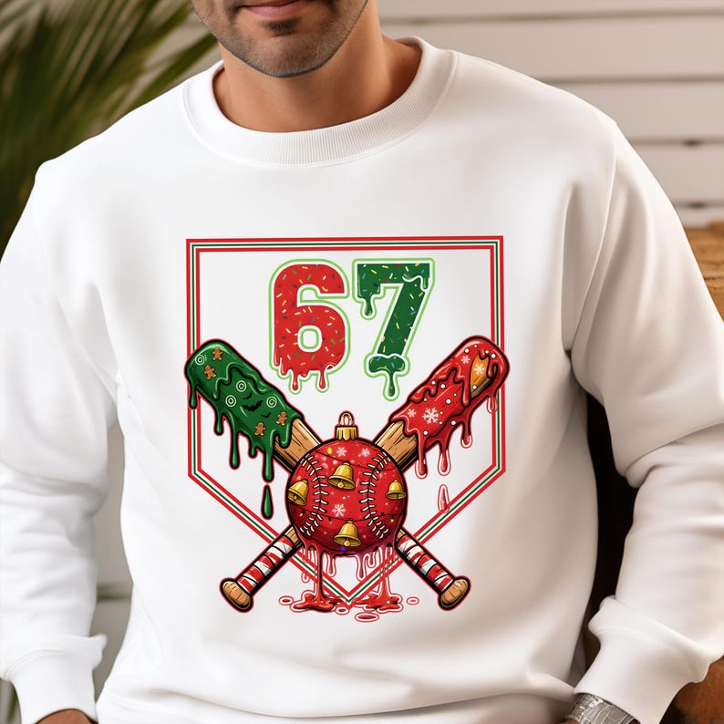 A holiday-themed design featuring the number 67 in a dripping, frosted style over crossed baseball bats. A baseball, decorated as a festive ornament with jingle bells and snowflakes, sits at the center. The bats are also coated in melting holiday icing.