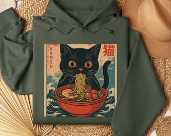 Noodle Cat Hoodie: Funny Anime Ramen Japanese Streetwear