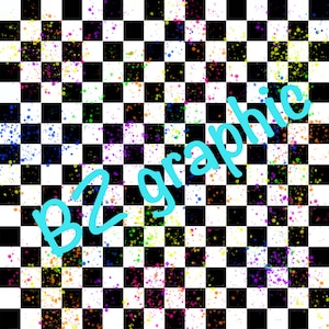 May include: A black and white checkered background with colorful paint splatters. The text "B2_graphic" is written diagonally across the image in blue.