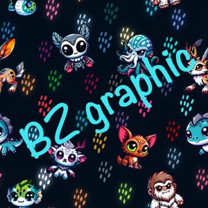 May include: A colorful seamless pattern featuring various cute cartoon creatures, including a butterfly, a yeti, a dragon, a fish, a fox, and an octopus. The background is a dark blue with colorful dots.