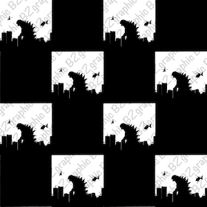 Könnte beinhalten: Ein sich wiederholendes Muster in Schwarzweiß, das die Silhouette eines Monsters in einer Stadt mit darüber fliegenden Hubschraubern zeigt.