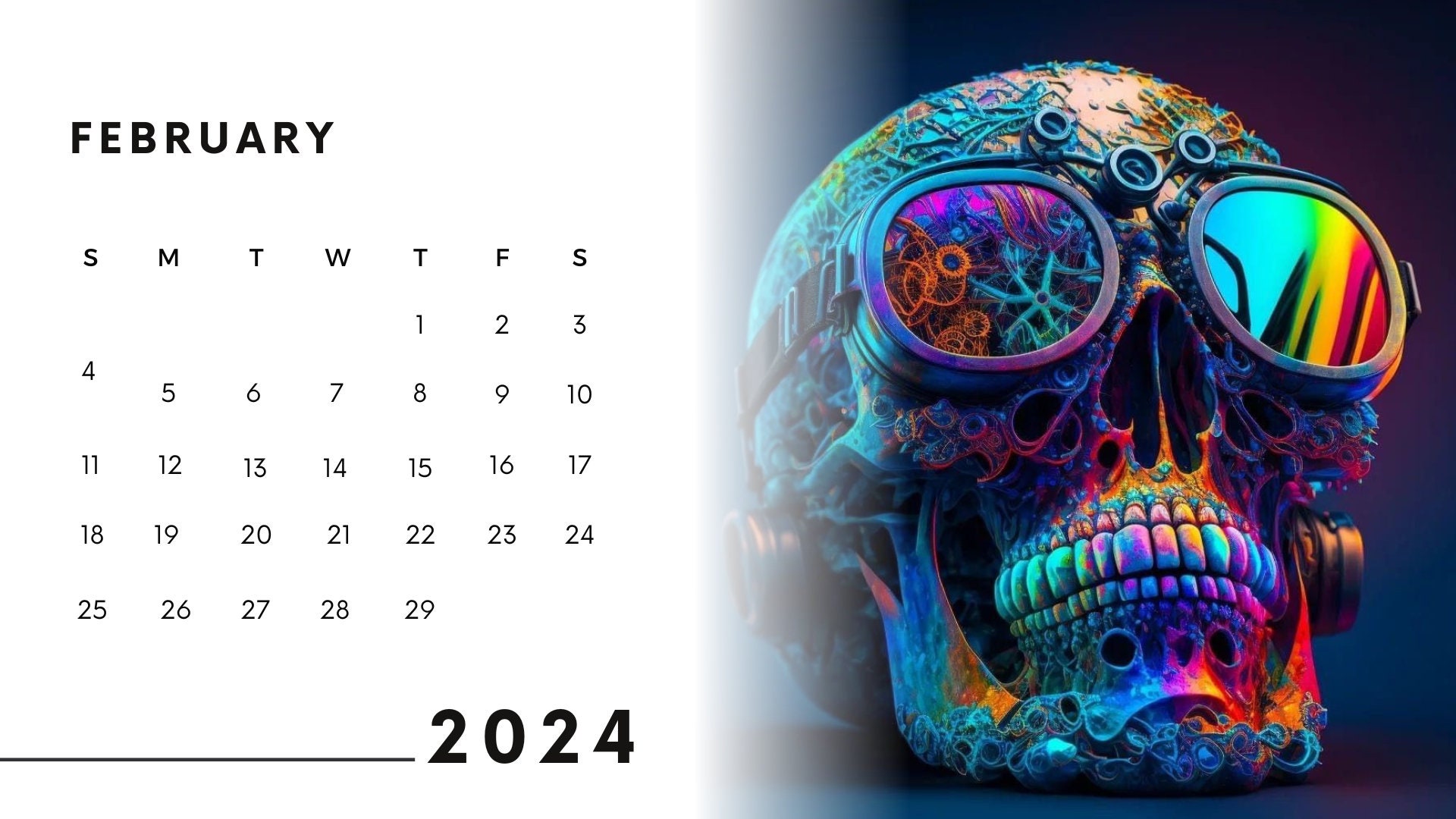 Digital Calendar 2024 With Images of Skulls.monthly Calendar 2024