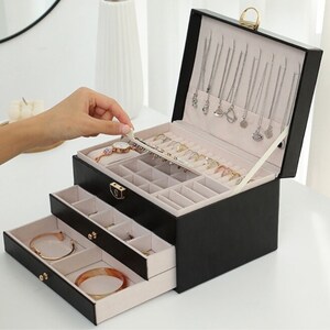 Jewelry Organizer Box With Glass Lid, 3-layer Large Jewelry Boxes