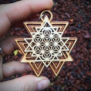 Puede incluir: Un colgante de madera con un diseño geométrico. El colgante está hecho de múltiples capas de madera, creando un efecto 3D. El diseño es intrincado y detallado, con una variedad de formas y patrones.