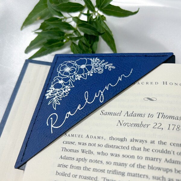 Monogrammed Bookmark Personalized with Letter or Name and a Flower Arrangement, Custom Corner Bookmarker, Vegan Leather Bookmark Gift