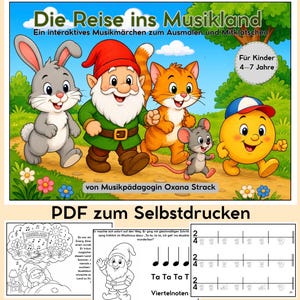 A Journey into Music Land • Music Note Coloring Book for Children Ages 4-7 • Learn Note Values • 47-Page PDF Download for Self-Printing
