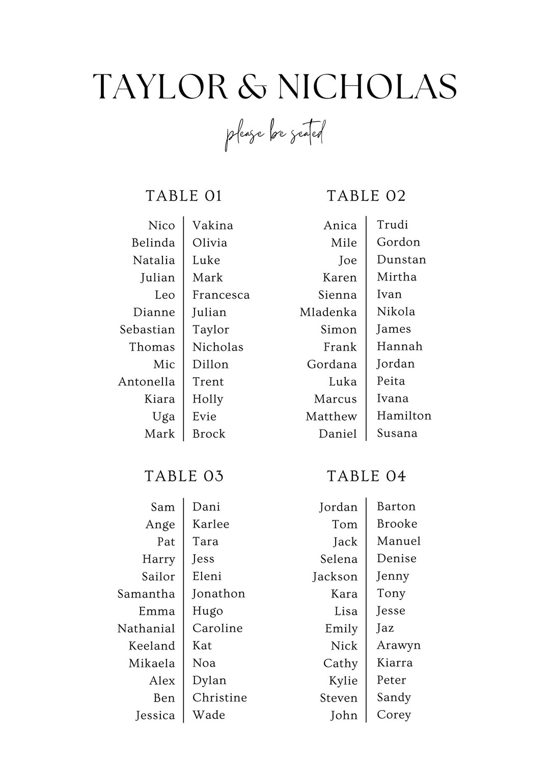 Modern Minimalist Wedding Table Chart A0 Size INSTANT - Etsy