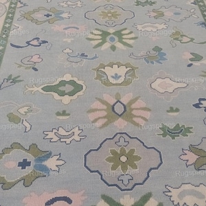 Tapis noué à la main de style Oushak floral bleu beige 4 x 6, 5 x 8, tapis faits main pour le salon - tapis contemporain antique 6 x 9, 8 x 10, 9 x 12, 10 x 14