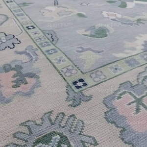 Tapis noué à la main beige, bleu et vert inspiré de l'oushak, 4 x 6, 5 x 8,6 x 9,8 x 10,9 x 12, 10 x 14 pi Tapis fait main pour le salon, tapis antique contemporain