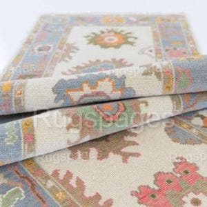 Beige Blue Floral Oushak Rugs Made to Order (In Any Size!!) Geometric Knotted Modern Oushak rug/ large area rug/pastel/sage/muted Area Rugs