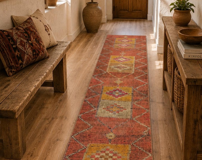 3x11 Vintage Turkish Herki Runner Rug, Burnt Orange Handmade Wool Hallway Carpet