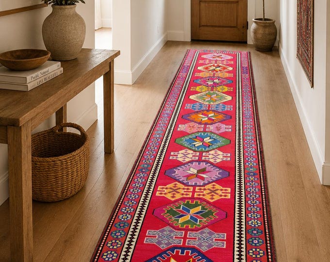 3x14 Vintage Turkish Runner Rug, Handmade Wool Colorful Tribal Anatolian Hallway Carpet