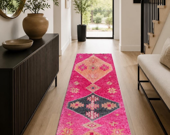 3x10 Vintage Turkish Oushak Runner Rug, Handmade Wool Pink Salmon Boho Hallway Carpet