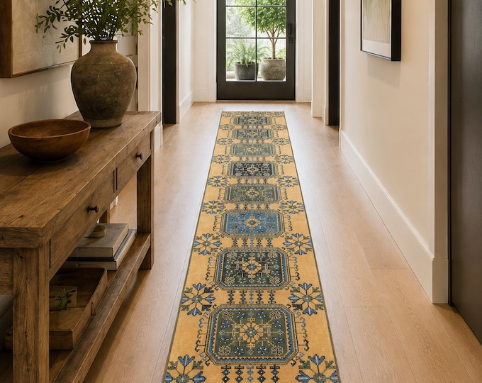 2x21 Vintage Turkish Oushak Runner Rug, Handmade Wool Extra Long Hallway Carpet