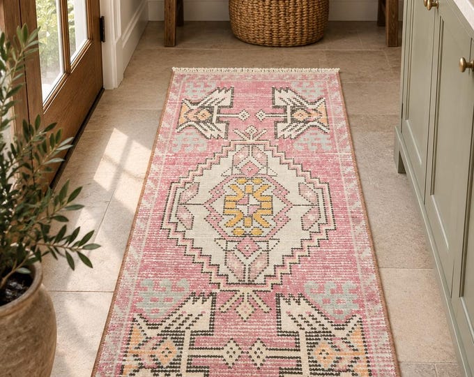 2x4 Vintage Turkish Oushak Rug, Faded Pink Wool Geometric Small Entryway Accent Rug