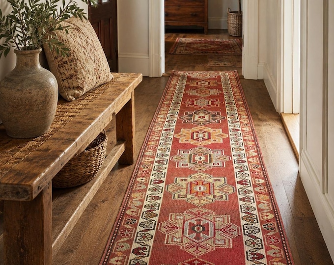 3x11 Vintage Turkish Runner Rug, Handmade Wool Geometric Hallway Carpet