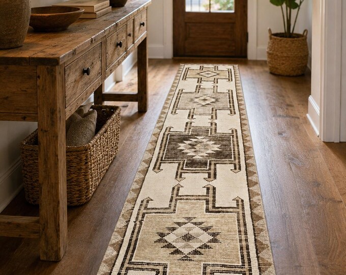 3x13 Vintage Turkish Oushak Runner Rug, Handmade Wool Neutral Beige Tribal Hallway Carpet