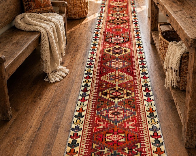 2x14 Vintage Turkish Runner Rug, Handmade Wool Geometric Tribal Hallway Carpet