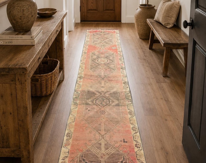 Vintage Turkish Wool Runner Rug | Handmade Peach Geometric Hallway 3x12
