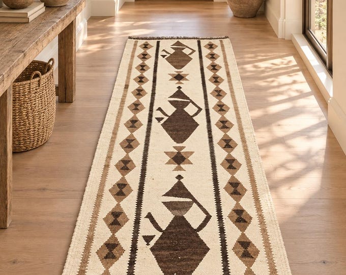 3x8 Vintage Moroccan Kilim Runner Rug, Handmade Wool Flatweave Tribal Pottery Hallway Carpet