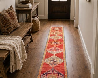 Tappeto passatoia turco vintage 2 x 11 piedi, tappeto passatoia lungo 2 x 10,8 piedi per corridoio, tappeto Oushak fatto a mano, tappeto passatoia stretto per cucina, tappeto boho anatolico in lana
