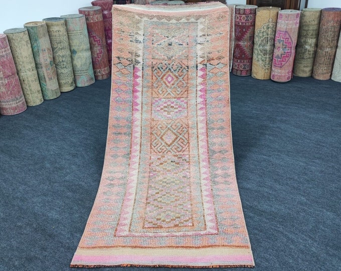3x7 Vintage Turkish Oushak Style Runner Rug, Peach Pink Geometric Handmade Wool Hallway Carpet
