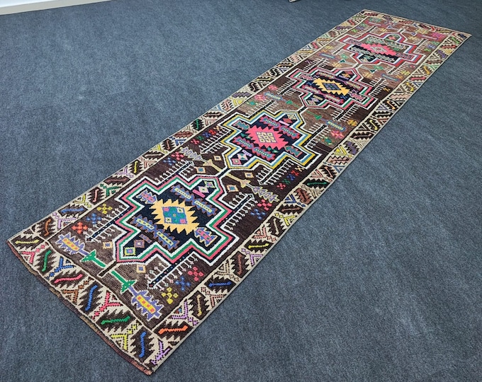 3x10 Vintage Turkish Wool Runner, Colorful Geometric Hallway Rug, Handmade Anatolian Kitchen Carpet