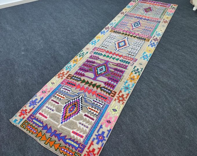 3x10 Vintage Turkish Herki Runner Rug, Handmade Wool Colorful Geometric Hallway Rug