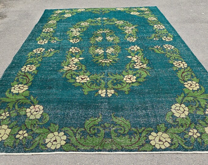 9x13 Vintage Turkish Area Rug, Handmade Wool Teal Green Floral Living Room Rug
