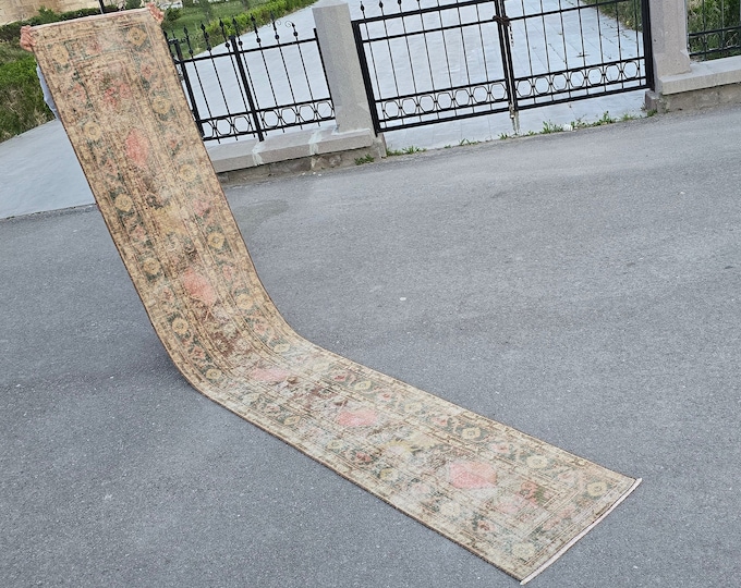 2x13 ft Vintage Turkish Oushak Runner Rug, Muted Green & Pink Wool Hallway Runner