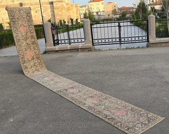 2x20 Pale Multi Color Vintage Oushak Extra Long Runner, Handwoven Faded Turkish Narrow Rug Runner, Traditional Authentic Turkish Runners