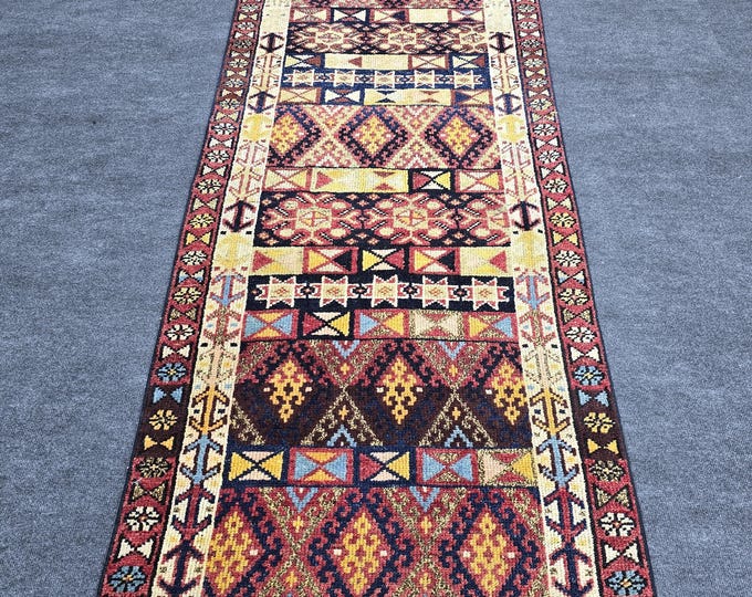 3x10 Vintage Turkish Runner Rug, Handmade Wool Tribal Geometric Hallway Carpet (2'11" × 9'8")