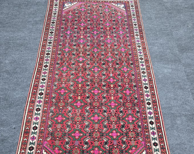 4x7 Vintage Turkish Wool Area Rug, Handmade Red Oriental Geometric Living Room Carpet