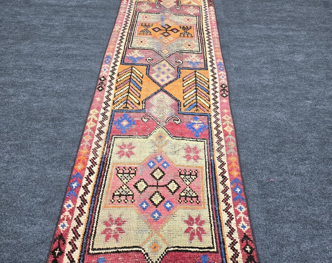 3x12 Vintage Turkish Oushak Runner, Pink Orange Wool Hallway Carpet, Handmade Geometric Rug
