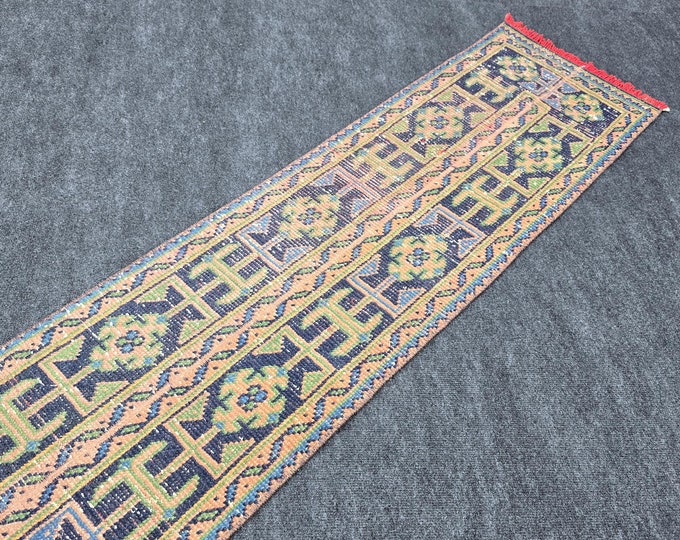 2x11 Vintage Turkish Oushak Runner Rug, 1'7" x 11'2" Handmade Wool Blue Beige Narrow Hallway......