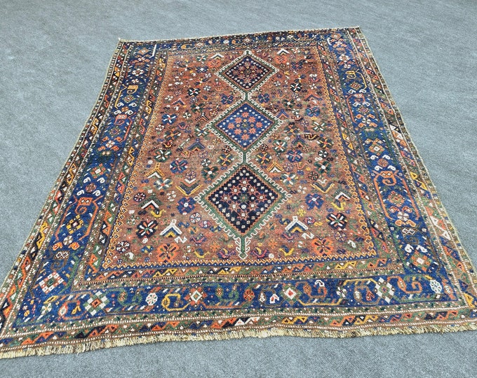 5x7 Vintage Tribal Area Rug, Rust Brown and Blue Geometric Medallion Rug, Living Room