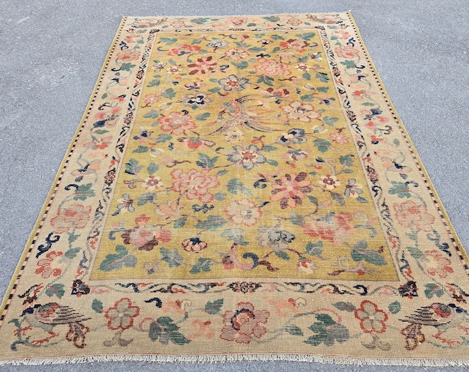 5x8 Vintage Turkish Oushak Area Rug, Handmade Wool Floral Anatolian Living Room Rug