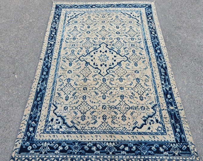 4x6 Vintage Turkish Oushak Rug, Handmade Wool Blue Ivory Distressed Anatolian Area Rug
