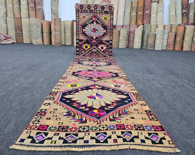 3x12 Vintage Turkish Oushak Runner, Colorful Wool Hallway Rug, Hand Knotted Geometric Carpet