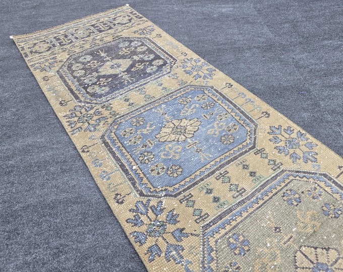 2x11 Vintage Turkish Wool Runner Rug, Blue Beige Geometric Anatolian Hallway Rug