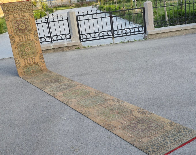 3x22 Vintage Turkish Oushak Runner Rug, Distressed Green Geometric Extra Long Hallway Rug