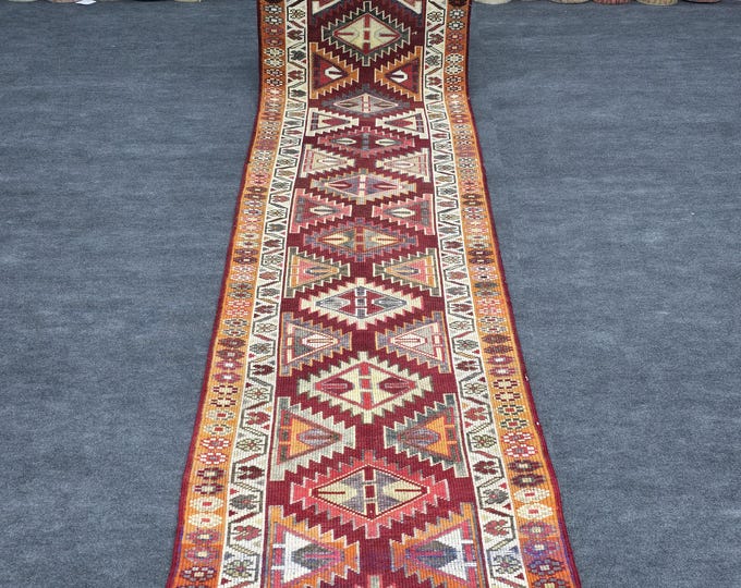 3x13 Vintage Turkish Kilim Runner Rug, Red Geometric Wool Hallway Carpet (2'9" x 13')