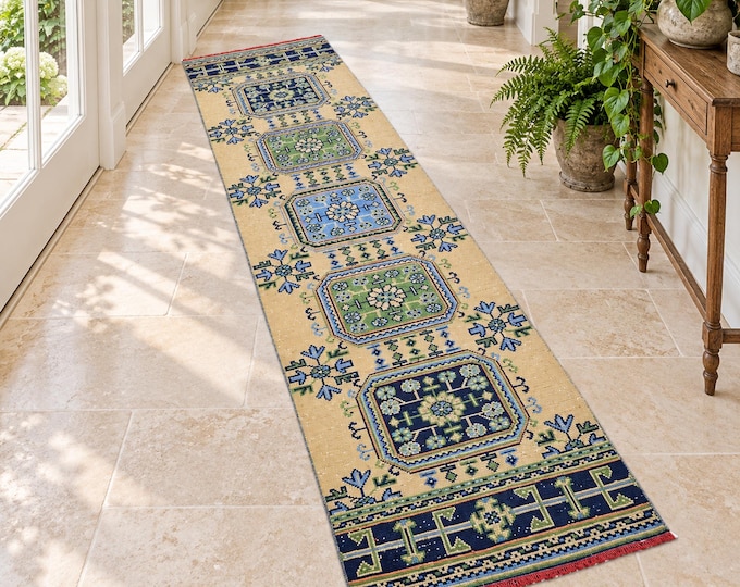 3x11 Vintage Turkish Wool Runner Rug, Mustard Beige Blue Medallions, 2'5" x 11'