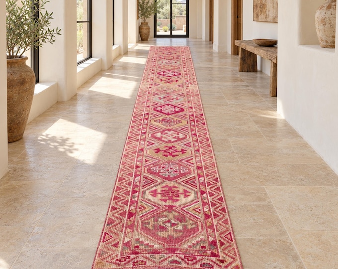 3x16 Vintage Turkish Wool Runner Rug, Coral Pink Geometric Extra Long Hallway Design