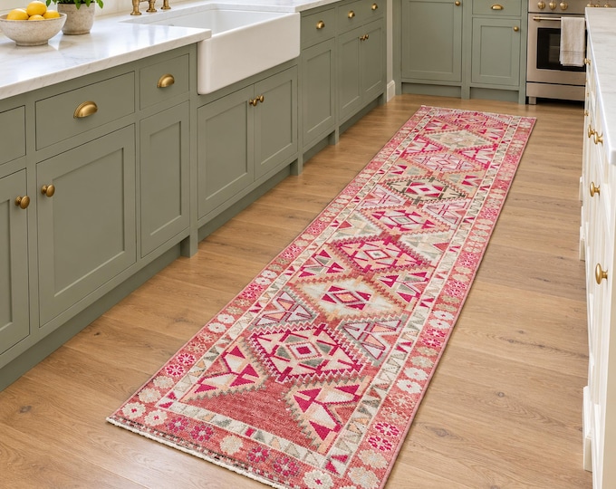 1. Vintage Turkish Wool Runner, Handmade Pink Beige Geometric Tribal Hallway Rug, 3x11 Ft