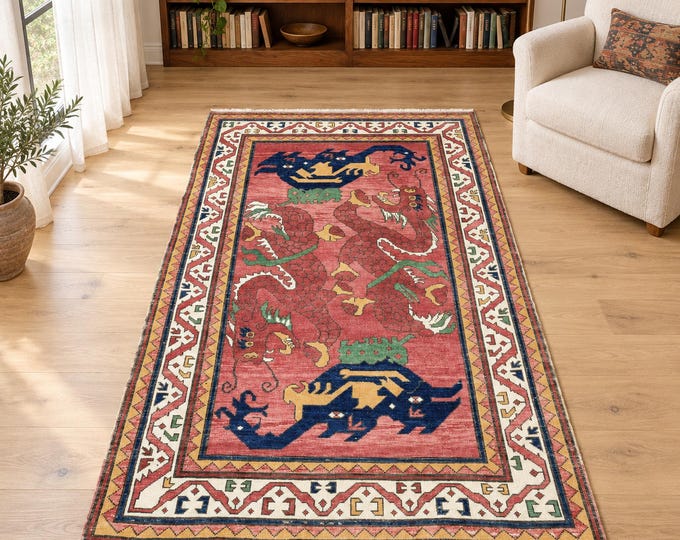 4x7 Vintage Turkish Wool Area Rug, Red Tribal Geometric Anatolian Design (4'2" x 7')