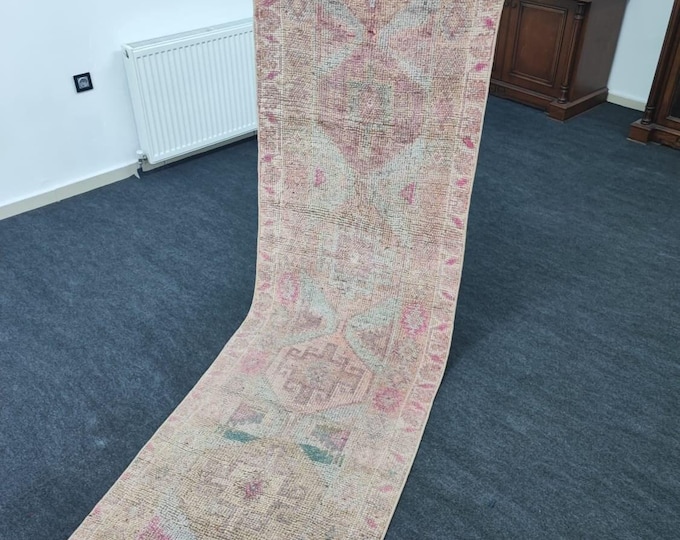 Vintage Turkish Runner Rug 3x12, Handmade Muted Pink Wool Carpet, Boho Tribal Hallway Decor
